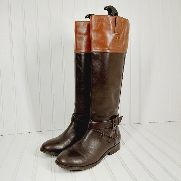 Marc Fisher Brown Leather Knee High Riding  M-Wide Calf Buckle Straps Boots C138 - Picture 2 of 14